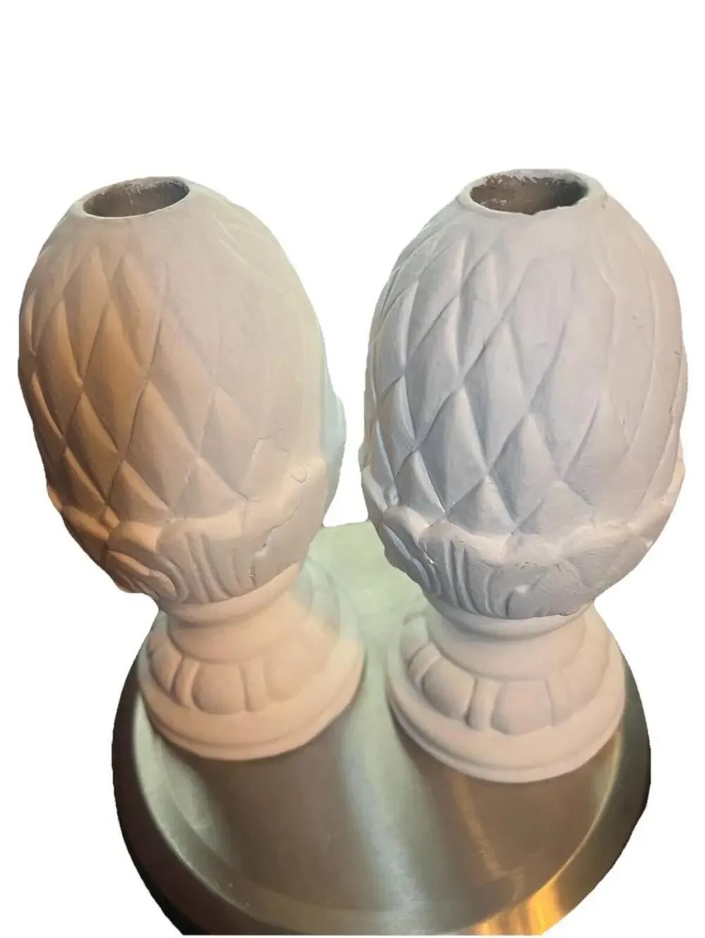 VTG Pair White Chalkware Pineapple Finials Architectural Decor Hollywood Regency